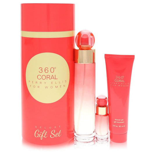 Perry Ellis 360 Coral         Gift Set - 3.4 oz Eau de Parfum Spray + .25 oz Mini EDP Spray + 3 oz Shower Gel         Women-0